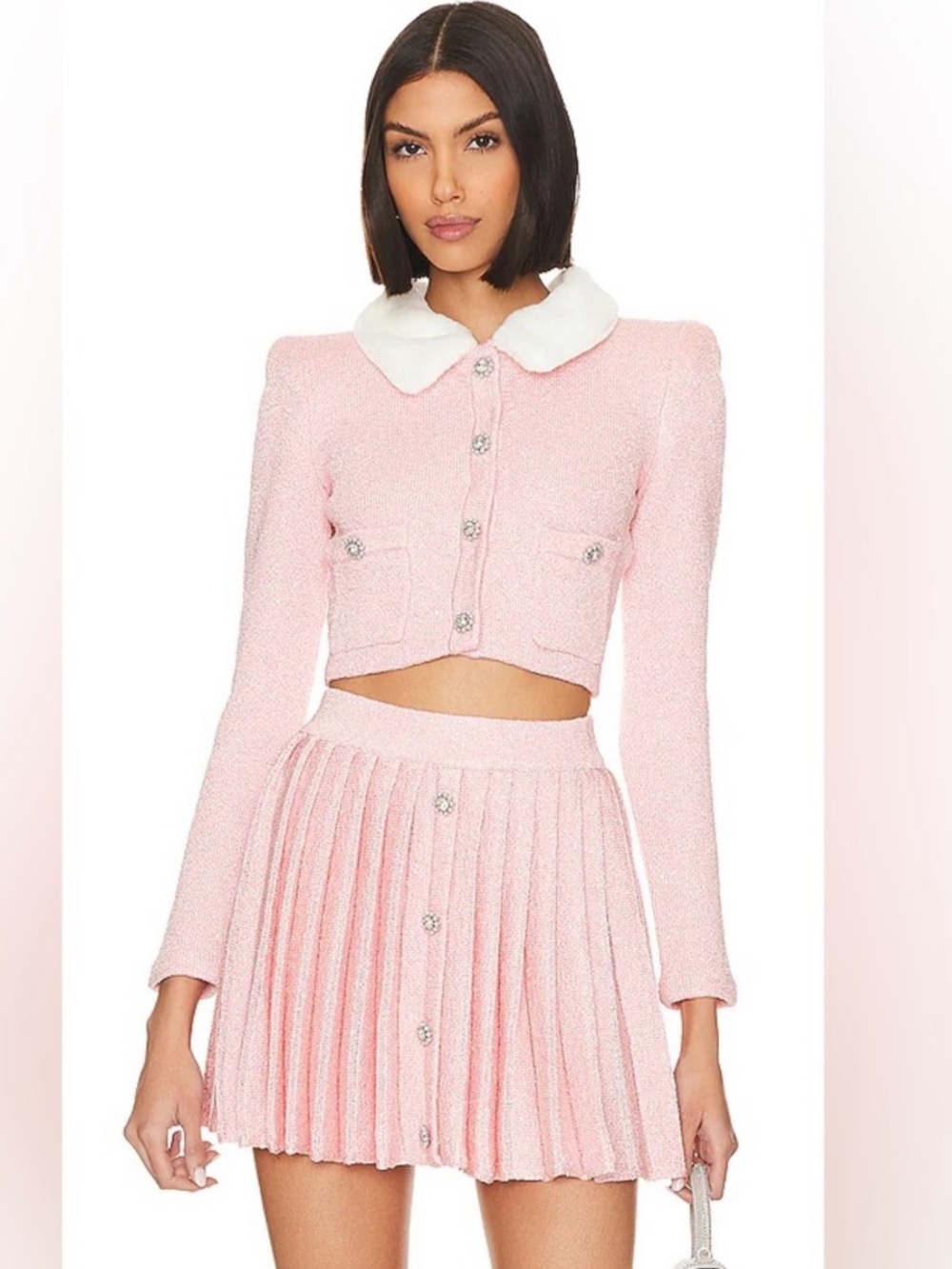 Self-Portrait Pink Pleated Mini Skirt & Faux Fur embellished cardigan set - XS